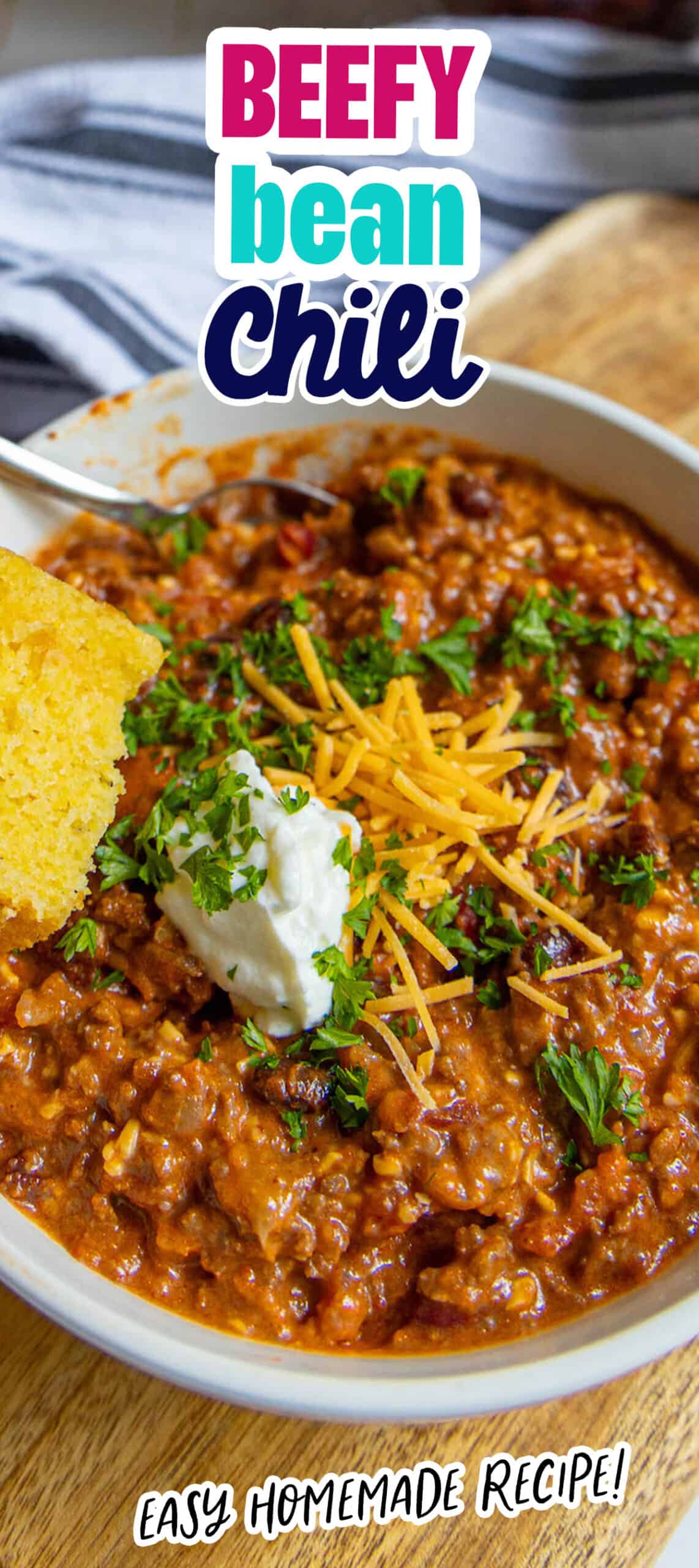 Beefy bean chili on a white plate.