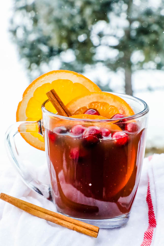 cider in a clear mug with slices of orange and cranberries with cinnamon sticks