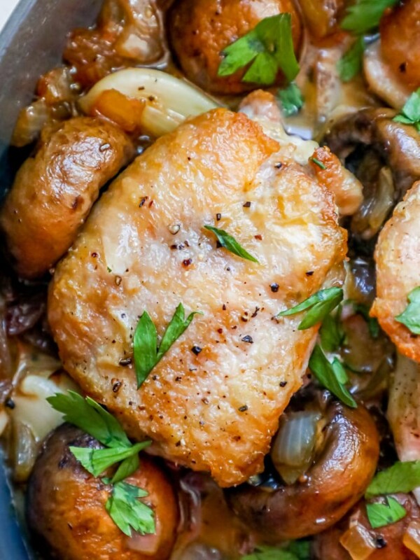 Chicken and mushrooms cooked in a one-pot skillet with a savory garlic butter sauce.