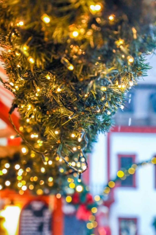 A close-up of the festive Heidelberg Christmas tree adorned with twinkling lights.