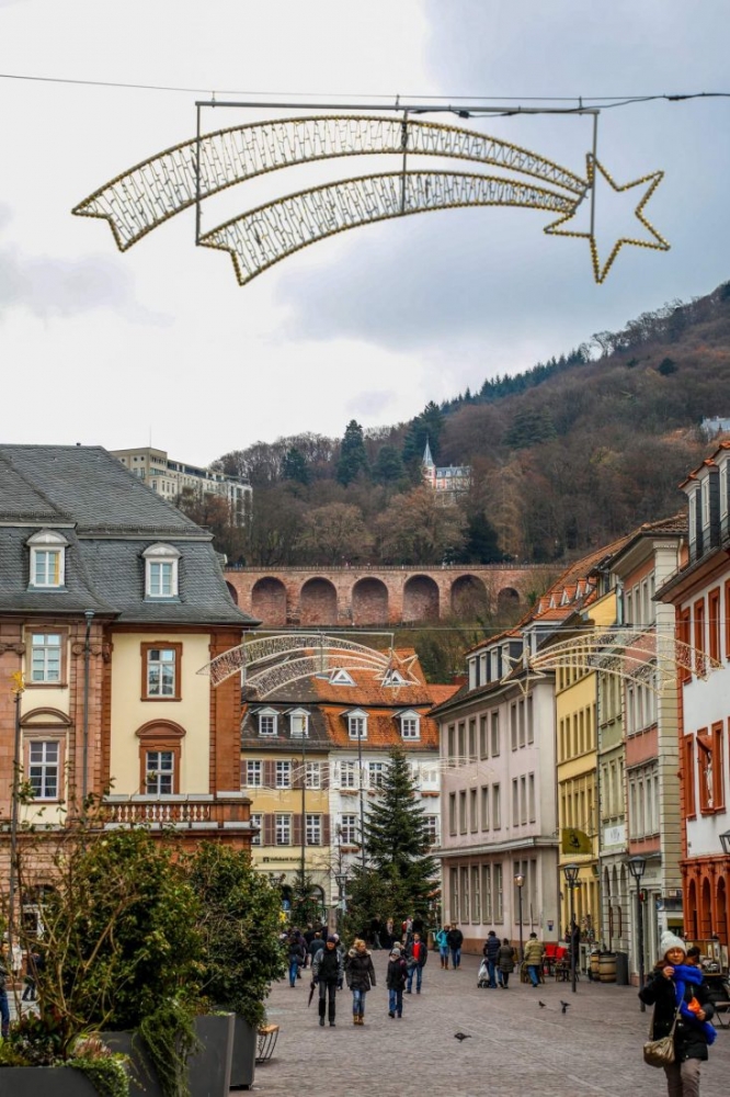 A Christmas tree in the middle of Heidelberg during the holiday season.