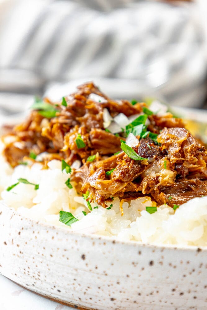 picture of short ribs shredded over rice and topped with cilantro and diced onion