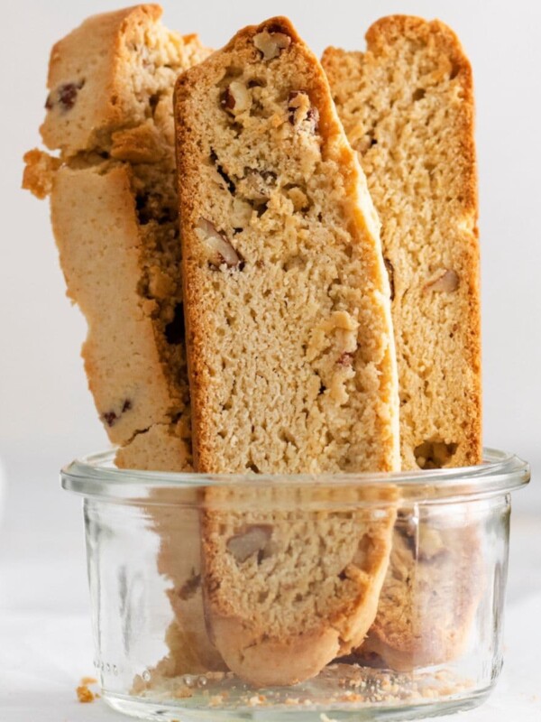 baked biscotti with pecan in a jar on a table