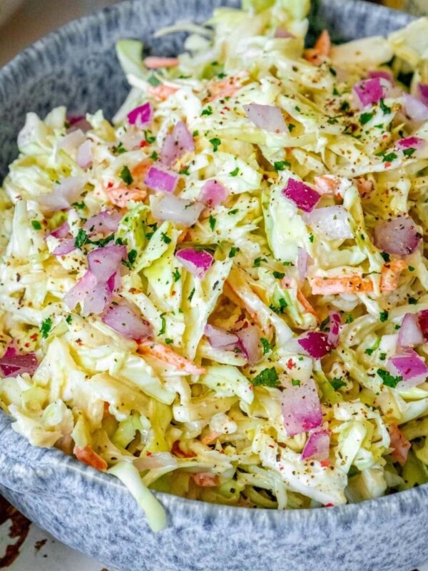 picture of coleslaw in a blue bowl